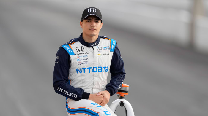 INDIANAPOLIS, IN - MAY 23: Alex Palou poses for the front row photo for the 106th running of the Indianapolis 500 at the Indianapolis Motor Speedway in Indianapolis, Indiana.